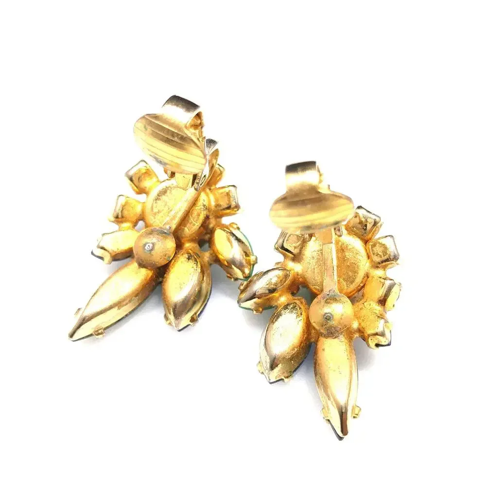 Sherman Green & Blue Rhinestone Earrings, Gold Plated, 1960s Vintage Jewelry